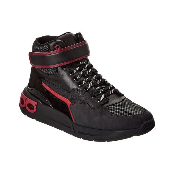 Ferragamo Cosma Leather & Mesh High-Top Sneaker Black
